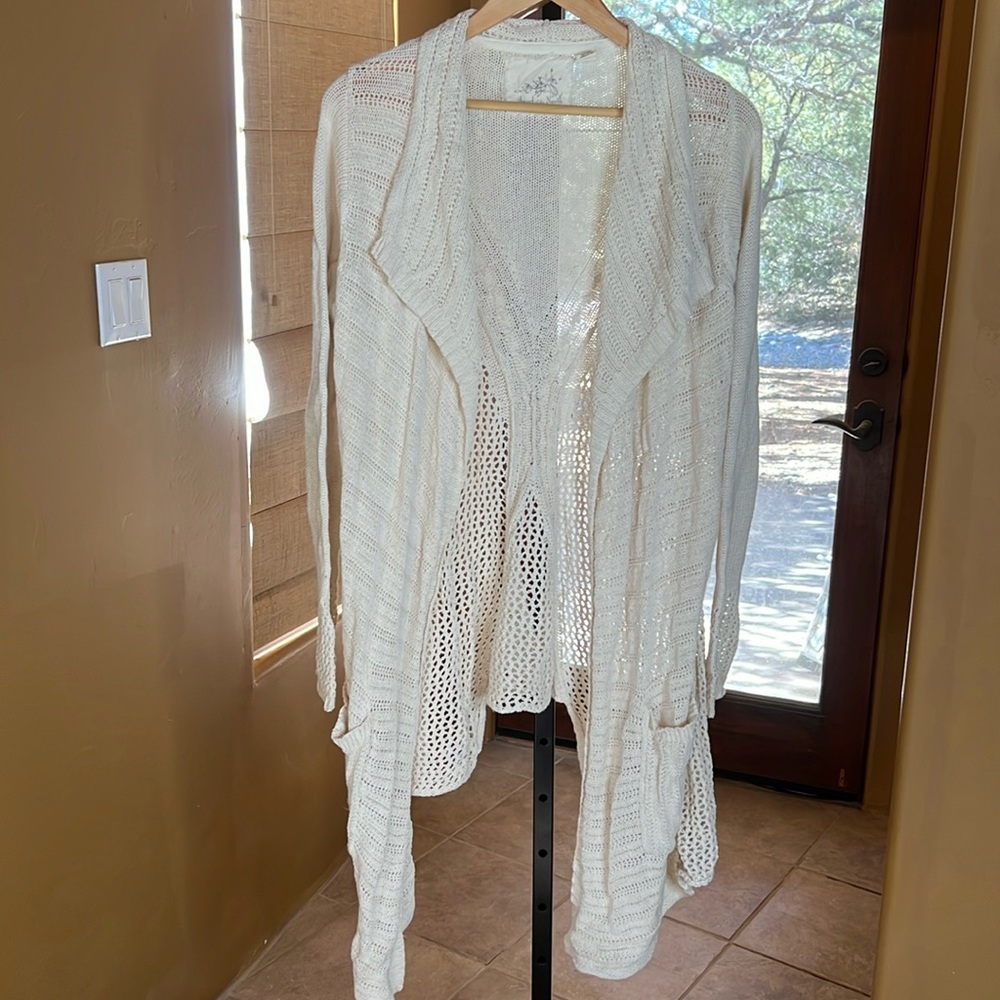 Anthropologie Angel of the North Cream Open Waterfall Cardigan Sweater Sz Medium